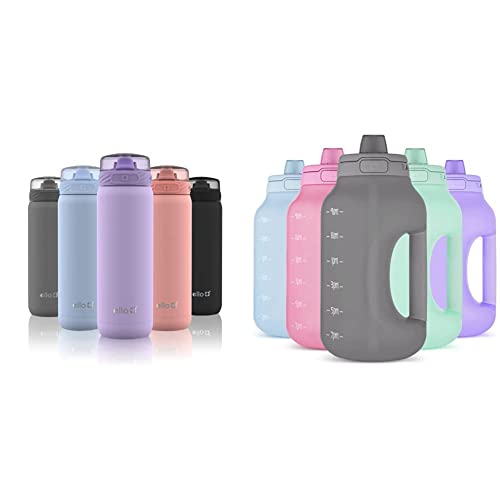 Ello Cooper Vacuum Stainless Steel Water Bottle with Soft Straw and Carry Loop, Double Walled, Leak Proof, Lilac, 32oz & Hydra Half Gallon Jug, Gray, 64oz