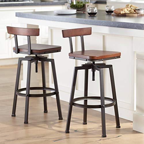 Elm Lane Roark Bronze Metal Swivel Bar Stools Set of 2 Dark Brown 29 1/2" High Industrial Solid Wood Back Adjustable with Backrest Footrest for Kitchen Counter Height Island Home Shed