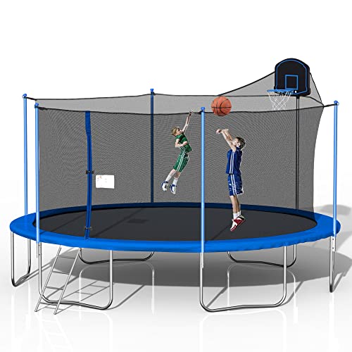 EMKK Trampoline for Kids and Adults 16 FT - Recreational Outdoor Trampoline with Net - Straight Poles Outside Fun Exercise, Ladder Basketball Trampoline