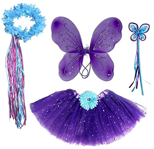 Enchantly Fairy Costume - Fairy Wings for Girls - Butterfly Costume for Girls - Dark Purple and Teal Wings, Tutu, Wand and Halo