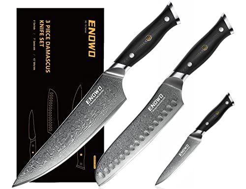 enowo Damascus Knife Set 3 PCS,Razor Sharp Kitchen Knives Made of Japanese Damascus Steel VG10, Well-Balanced Damascus Chef Knife set with Premium G10 Full Tang Handle Triple Rivet Gift Box