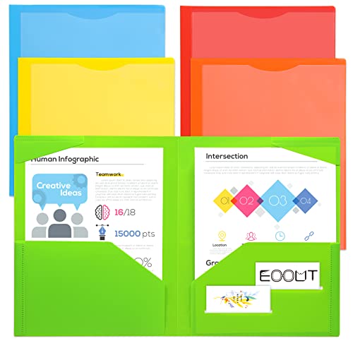 EOOUT 5pcs Plastic Folders with Clear Front Pocket, Heavy Duty Folders with 4 Pockets for Office and School, Letter Size, 5 Assorted Colors