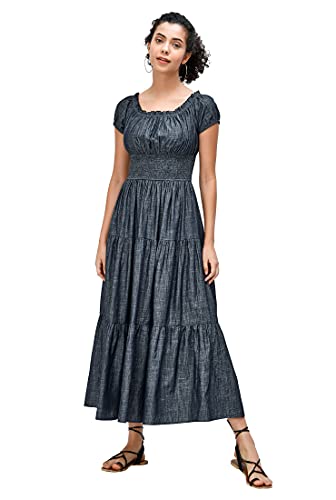 eShakti Women's Smocked Cotton Chambray Tiered Dress L-12 Indigo Chambray