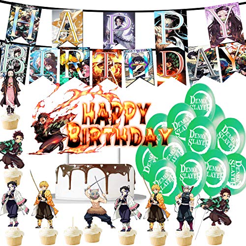 ESMAN Demon Birthday Party Theme Party Favors Decorations Banner Cake Toppers Gift Set, 2 Banner 1 Big Cake Toppers 24 Cupcake 50 Stickers for Kimetsu No Yaiba Anime Fan