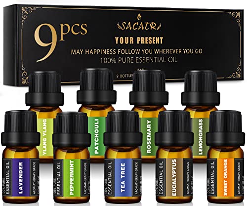 Essential Oils Set -100% Natural Essential Oils -Perfect for Diffusers, Aromatherapy,Humidifiers,Massage,Skin & Hair Care, DIY Candle and Soap Making,9x5 ML(0.17oz）