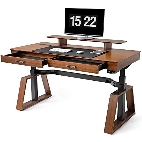 EUREKA ERGONOMIC Standing Desk, 63 inch Executive Desk with Drawers Modern Trapezoidal Leg Sit Stand Desk with Monitor Stand, Smart APP Control Luxury Home Office Computer Table with Mousepad, Walnut