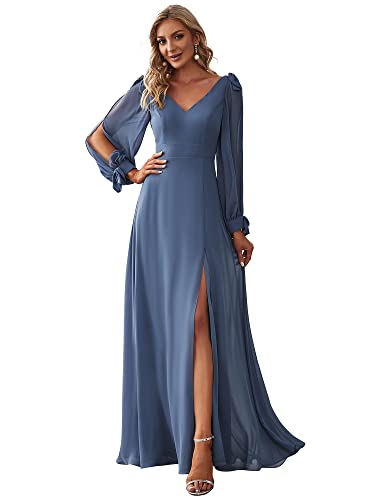 Ever-Pretty Women's Long Sleeve Double V Neck Chiffon Dance Dress for Party Haze Blue US8