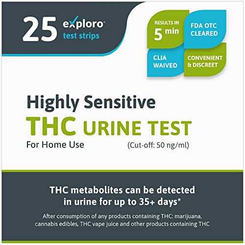 Exploro Highly Sensitive THC Urine Drug Test - When You Flush Your System of Weed and do Drug Detox for Marijuana - at Home Drugtest - 25 THC Test Strips for Marijuana, THC Edibles - Drug Testing Kit