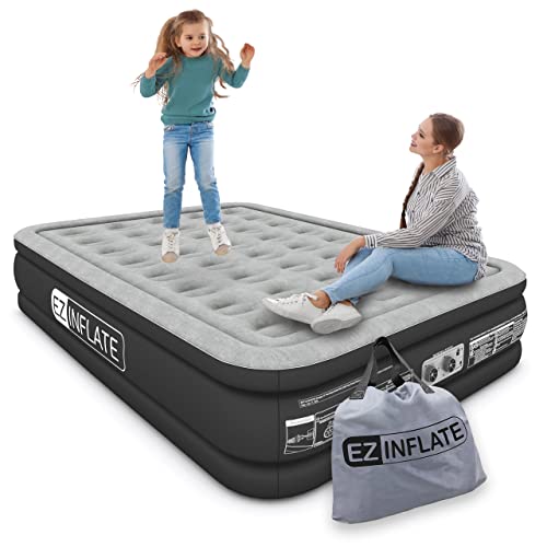 EZ INFLATE Air Mattress with Built in Pump - Queen Size Double-High Inflatable Mattress with Flocked Top - Easy Inflate, Water