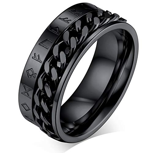 FaithHeart Norse Viking Rune Rings for Men, Stainless Steel Spin Band Jewelry Charms for Women Size 10 Black Punk Rings, Nordic Mythology Finger Charms, Dad Gifts