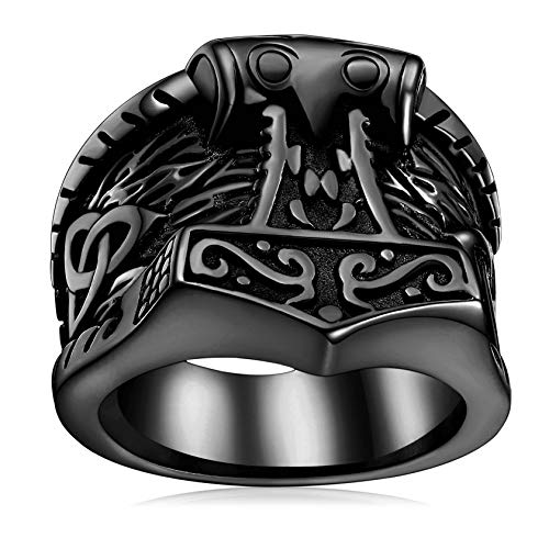 FaithHeart Sturdy Norse Mjolnir Rings for Men Stainless Steel Big Viking Thor Hammer Band Ring Jewelry for Vikings Size 11 Pinky Rings Charm-Black