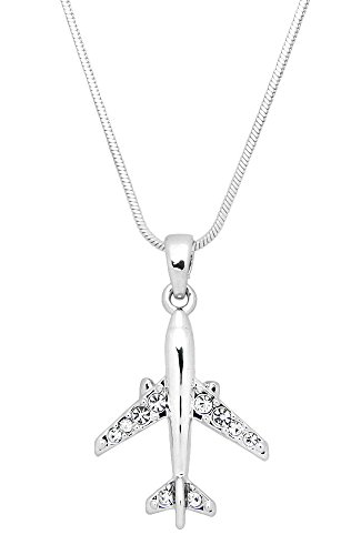 Falari Airplane or Jet Fighter Pendant Necklace Rhinestone Crystal Rhodium High Polished J0566-CR