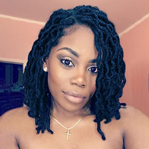 FAVE Short Braided Wigs for Black Women Black Short Dreadlock Wigs Afro Braids Curly Synthetic Hair Nu Faux Locs Wigs for Black Women (Black)