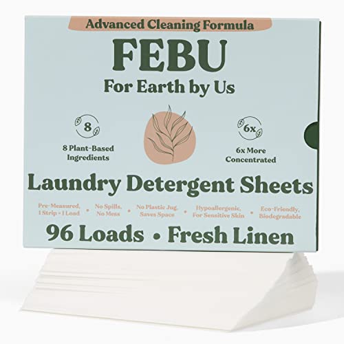 FEBU Eco-Friendly Laundry Detergent Sheets | 96 Strips, 96 Loads, Fresh Linen | Ultra Concentrated, Liquidless Laundry Strips for Sensitive Skin | Plant-Based, Non-Toxic, Hypoallergenic, Plastic Free, Zero Waste