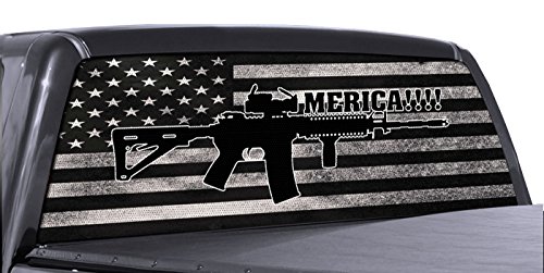 FGD Brand AR 15 Merica Truck Rear Window Wrap Black & White Distressed American Flag Perforated Vinyl Decal