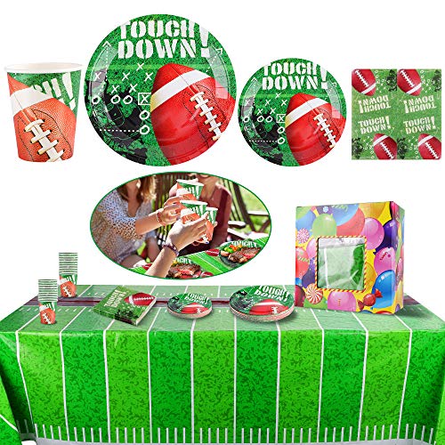 FiGoal Football Themed Party Supplies and Party Decorations for 32 Guests– Include, Table Cover, 9”Dinner Plates, 7”Snack/Dessert Plates, Napkins, Cups, Super Bowl Tableware Accessory Decorations