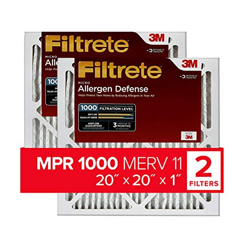 Filtrete 20x20x1, AC Furnace Air Filter, MPR 1000, Micro Allergen Defense, 2-Pack (exact dimensions 19.719 x 19.719 x 0.84)