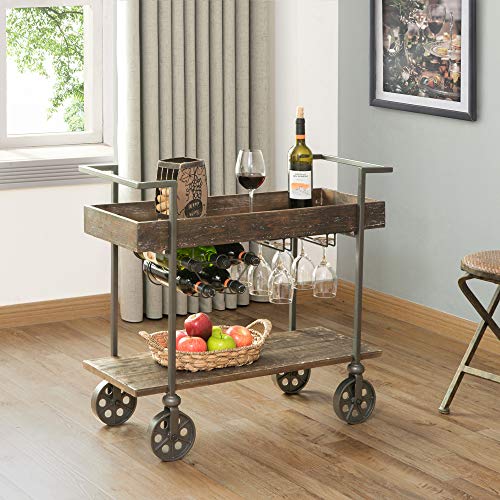 FirsTime & Co. Factory Row Industrial Farmhouse Bar Kitchen and Coffee Serving Cart with Wine Rack, Wheels and Handles, Aged Black, 32.75 L x 14.25 W x 29.75 H inches