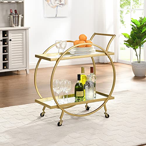 FirsTime & Co. Gold Odessa Bar Cart, 2 Tier Mobile Mini Bar, Kitchen Serving Cart and Coffee Station with Storage for Liquor, Metal and Mirror, Modern, 28 inches