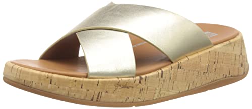 FitFlop F-Mode Metallic Leather/Cork Flatform Cross Slides Platino 9 M (B)