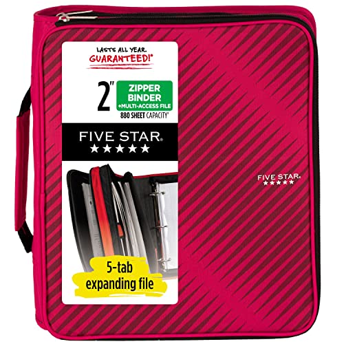 Five Star Zipper Binder, 2 Inch 3-Ring Binder for School, 6-Pocket Expanding File, 380 Sheet Capacity, Red (72538)