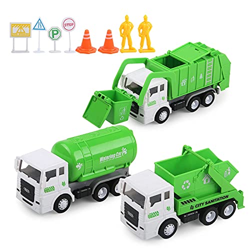 FIVEDAOGANG Toy Vehicles Set 3 Pack Sanitation Truck Car Model Garbage Trucks Water Tanker Playset with 8 Signpost Friction Power for Boys Age 3+ Toddlers Kids Holiday Birthday Gift Children