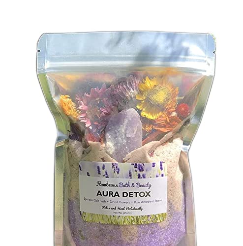 Flambeaux Bath & Beauty | Detoxifying Spiritual Salt Bath | Epsom Salt Detox Bath | Easy Press Lock Seal | Dried Flowers | Raw Amethyst Stone