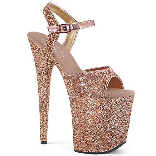 FLAMINGO-810LG - Ankle Strap Sandal with Glittered 4" Platform & 8" Heel Rose Gold 7