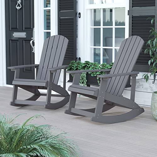 Flash Furniture Savannah Poly Resin Wood Adirondack Rocking Chair - All Weather Gray Polystyrene - Stainless Steel Hardware - Set of 2