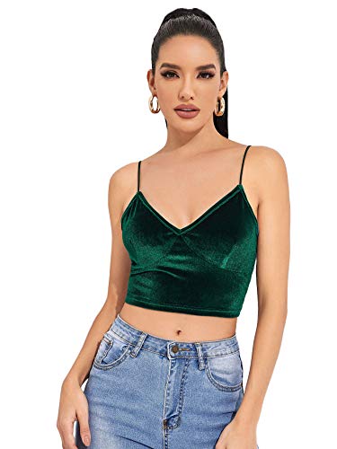 Floerns Women's Basic Strappy Velvet V Neck Vest Crop Cami Top Dark Green S