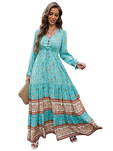 Floerns Women's Floral Print Boho V Neck Long Sleeve Flowy Maxi Dress Mint Blue M