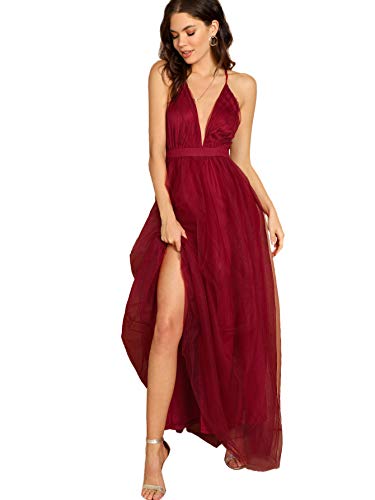 Floerns Women's Plunging Neck Spaghetti Strap Maxi Cocktail Party Dress Red L