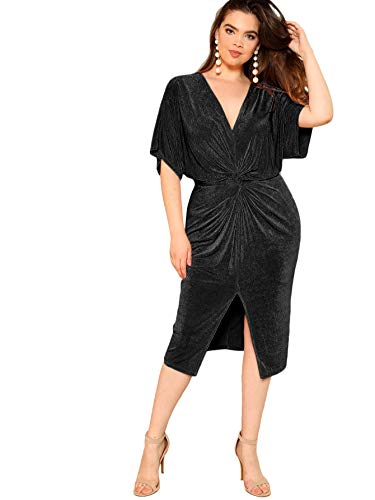 Floerns Women's Short Sleeve V Neck Twist Front Split Midi Dress Black-2 M