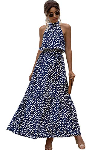 Floerns Women's Sleeveless Halter Neck Vintage Floral Print Maxi Dress Blue White S