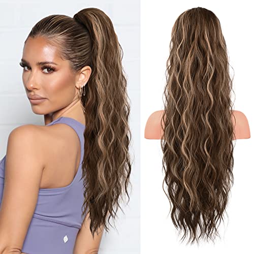 FLUFYMOOZ Ponytail Extension, 26 Inch Drawstring Ponytail Hair Extensions for Women，Long Curly Wavy Ponytail Natural Wavy Synthetic Hairpiece for Women Daily Use party （26 Inch Deep Brown with Dirty Blonde）