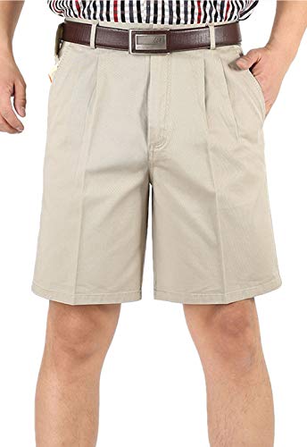 Flygo Men's Classic Fit Inseam Chino Oxford Shorts Pleated Flat Golf Shorts (40, Beige)