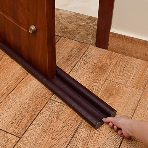 FOKICOS Door Draft Stopper Breeze Blocker for Bottom of Door Flannel Guard Adjustable Washable Weather Noise Blocker with Instructions (Dark Brown, Artificial Leather 1.1in)