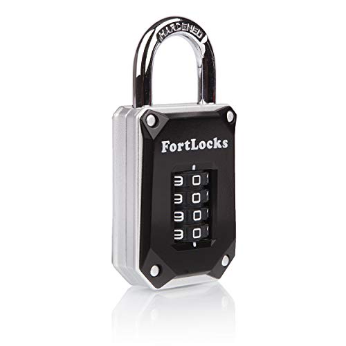 FortLocks Gym Locker Lock - 4 Digit, Heavy Duty, Hardened Stainless Steel, Weatherproof and Outdoor Combination Padlock - Easy to Read Numbers - Resettable and Cut Proof Combo Code - 1 Pack Silver