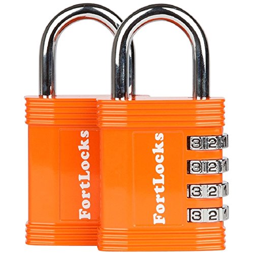 FortLocks Padlock - 4 Digit Combination Lock for Gym Outdoor & School Locker, Fence, Case & Shed – Heavy Duty Resettable Set Your Own Combo – Waterproof & Weatherproof (2 Pack - Orange)