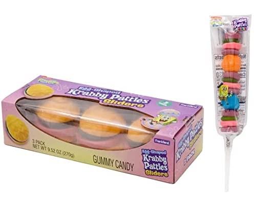 Frankford SpongeBob SquarePants Krabby Patties Egg Shaped Gummy Candy Slider 3 Pack & Gummy Candy Kabob, Easter Basket Stuffers