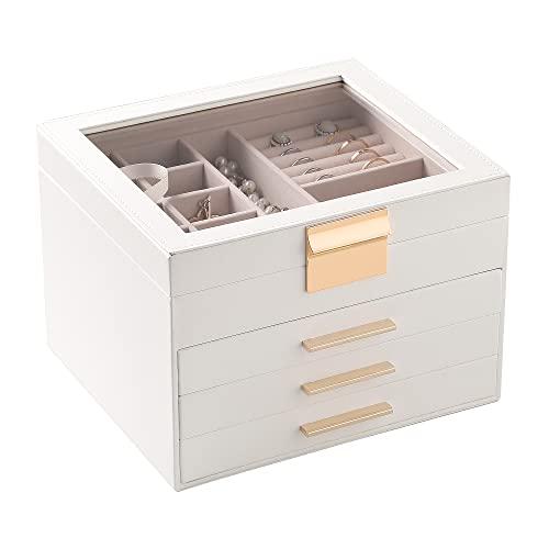 Frebeauty Clear Lid Jewelry Box,4 Layers Jewelry Organizer Large Multi-Functional Jewelry Storage Box with 3 Drawers,Jewelry Display Case of Rings Earrings Necklace Bracelets for Women Girls (White)