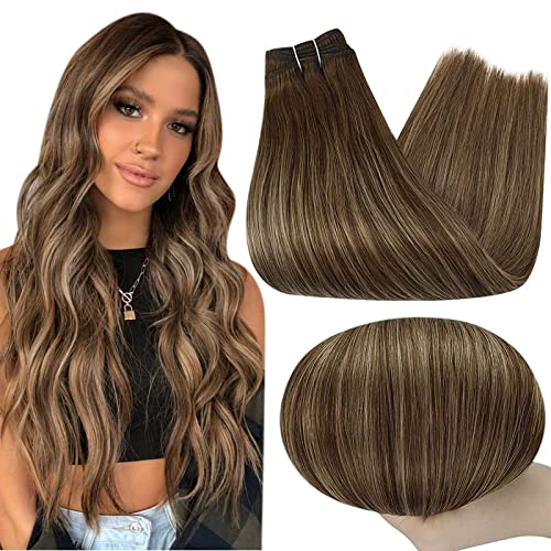 Full Shine Blonde Sew in Human Hair Extensions Weft Hair Extensions Color 4 Medium Brown Ombre 24 Blonde and 4 Brown Hair Weft 105 Gram Real Remy Hair Blonde Sraight Hair Bundles Weave Hair 16in