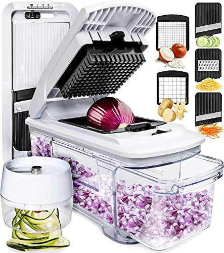 Fullstar All-in-1 Vegetable Chopper, Mandoline Slicer & Cheese Grater | Multi Blade French Fry Cutter & Veggie Dicer | Includes Bonus Handheld Spiralizer & Kitchen Gadgets