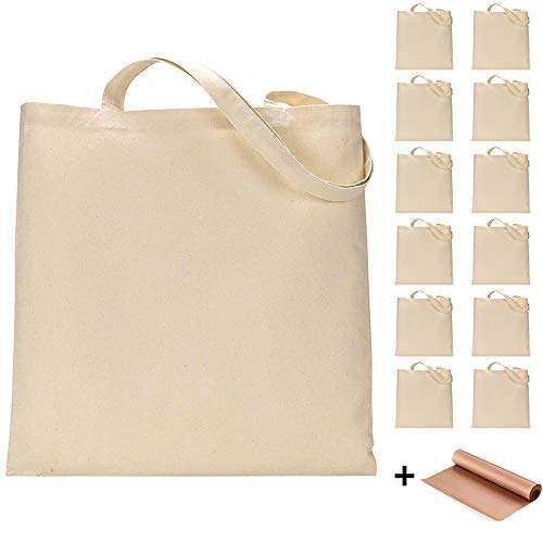 FunisFun 12 Pack Blank Canvas Tote Bags Bulk Shopping Bag for Crafts with 1 Piece of PTFE Teflon Sheet DIY Reusable Grocery Bag, 15 X 16 Inch