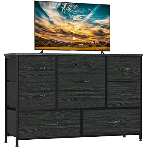 Furnulem Wide Dresser with 9 Large Drawers for 55'' Long TV Stand Entertainment Center,Wood Shelf Storage for Bedroom,Living Room,Closet,Entryway,Sturdy Metal Frame （Black Oak）