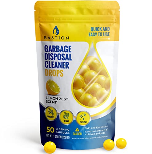 Garbage Disposal Cleaner and Deodorizer Drops- [[50-Count]] Lemon Zest Scented Kitchen Sink Freshener Pods & Drain Odor Eliminator Disposer Care Balls by Bastion