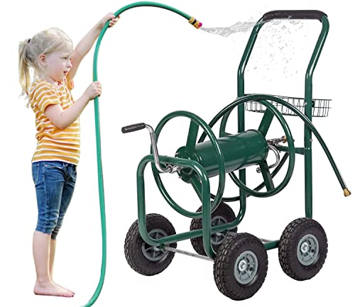 Garden Hose Reel Cart with Wheels for Outdoor, Yard Water Planting Truck 300 Feet of 5/8 Inch Hose Reel Cart, Heavy Duty Patio Lawn Garden Watering Equipment Cart - Green