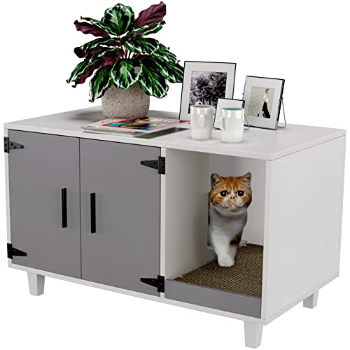 GDLF Modern Wood Pet Crate Cat Washroom Hidden Litter Box Enclosure Furniture House as Table Nightstand with Scratch Pad,Stackable (Gray & White)