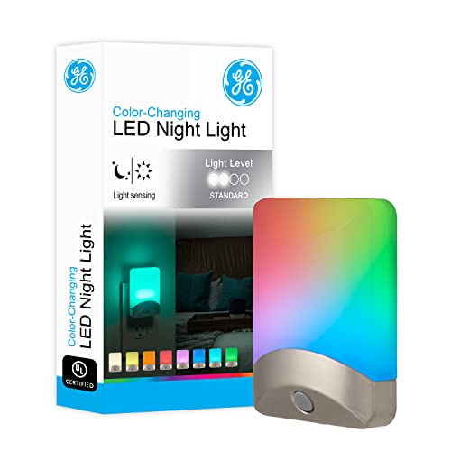 GE Color-Changing LED Night Light, 1 pack, Plug Into Wall, Dusk to Dawn Sensor, For bathroom, Childrens Room, Nursery, Safety Rated, Brushed Nickel, 34694