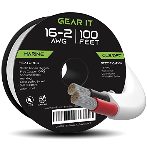 GearIT 16/2 Marine Wire (100 Feet) 16AWG Gauge - Tinned OFC Copper/Marine Grade Speaker Cable/Duplex / 2 Conductors - OFC Oxygen-Free Copper, White 100ft